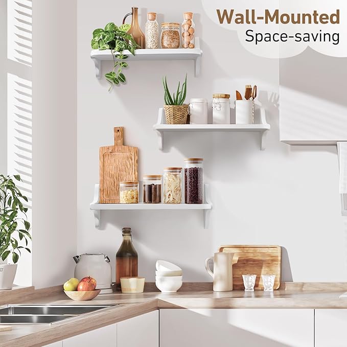 Wooden Floating Shelves for Wall, 15.7" W x 5" D x 0.6" H Large Wall Shelves, Hanging Storage Shelf with Sturdy Brackets for Living Room, Kitchen, Bathroom, Bedroom Decor, White, 3 Packs