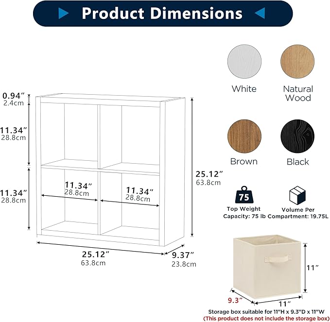 4 Cube Storage Organizer, 2x2 Cube Bookshelf, Cubby Storage Shelf, Wooden Organizer Shelf with Thickened Boards, for Closet Bedroom Home Office Living Room, 25.12" L x 9.37" W x 25.12" H, Black