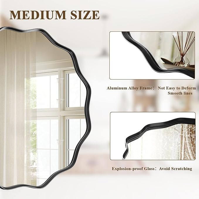 VooBang Black Scalloped Circle Mirror, 36" Wavy Edge Round Wall Mirror with Tempered Glass Textured Circular Metal Deep Frame, Hanging Leaning for Bathroom, Hallway, Entryway, Livng Room