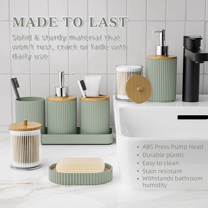 10PC Bathroom Accessories Set - Sage Green Bathroom Sets, Bathroom Accessory Set with Pop Up Trash Can, Toilet Brush, Trash Can, Qtip Holder & Soap Dispenser