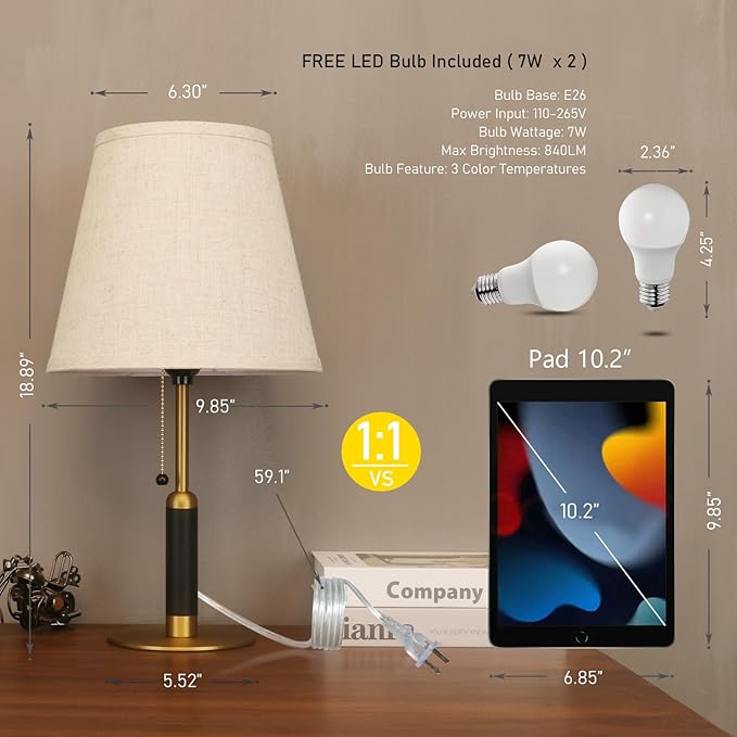 18.9" Set 2 Modern Mid Century Table Lamp Pull Chain Bedside Lamps for Nightstand Lamp for Bedroom Living Room Light, Solid Wood/Metal/Fabric for Home Office Dorm Decor (Light Brown+Brass)