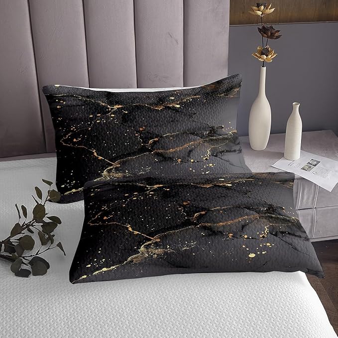 Erosebridal Black Marbling Bedspread Queen Size Gold Metallic Sequin Quilt Set, Dark Grey Marble Coverlet Set Abstract Aesthetic Artwork Bedding Set, Modern Fashion Bed Cover Luxurious Room Decor