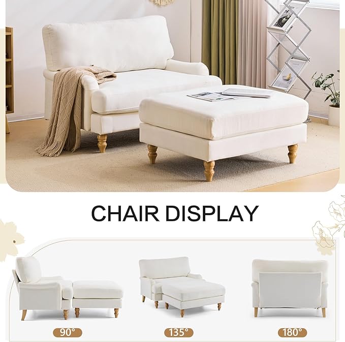 Bezseller Oversized Chair Indoor with Ottoman, 46" W Upholstered Armrest Sofa, Big Comfy Lounge Sofa Deep Seat Sleeper Chair for Living Room, Apartment, Bedroom, Reading Room(Beige)