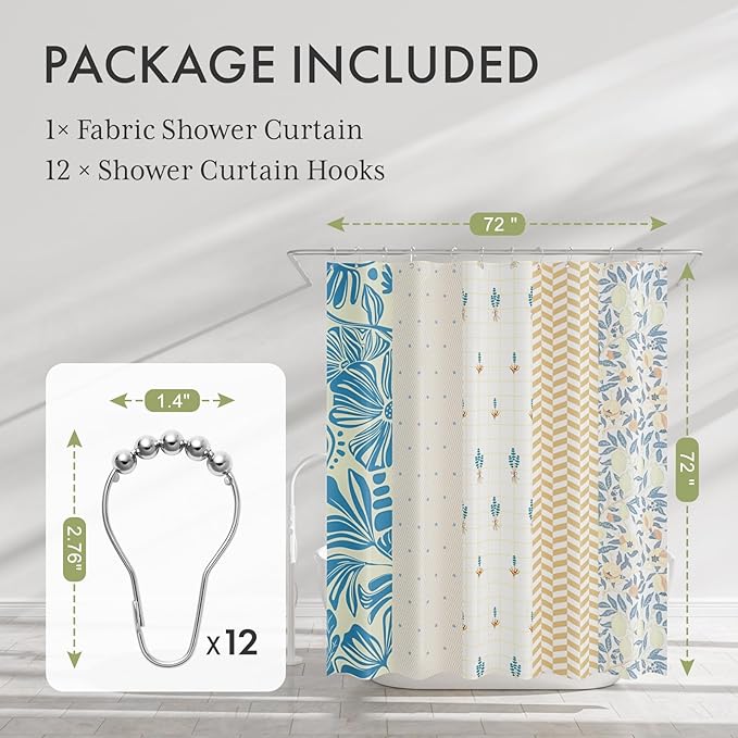 AmazerBath Shower Curtain, 72"x72" Washable Cloth Spring Blue Blossom Serenity Shower Curtain with 12 Shower Curtain Hooks, Fabric Colorful Romantic Style Curtain Set for Bathroom Home Decor