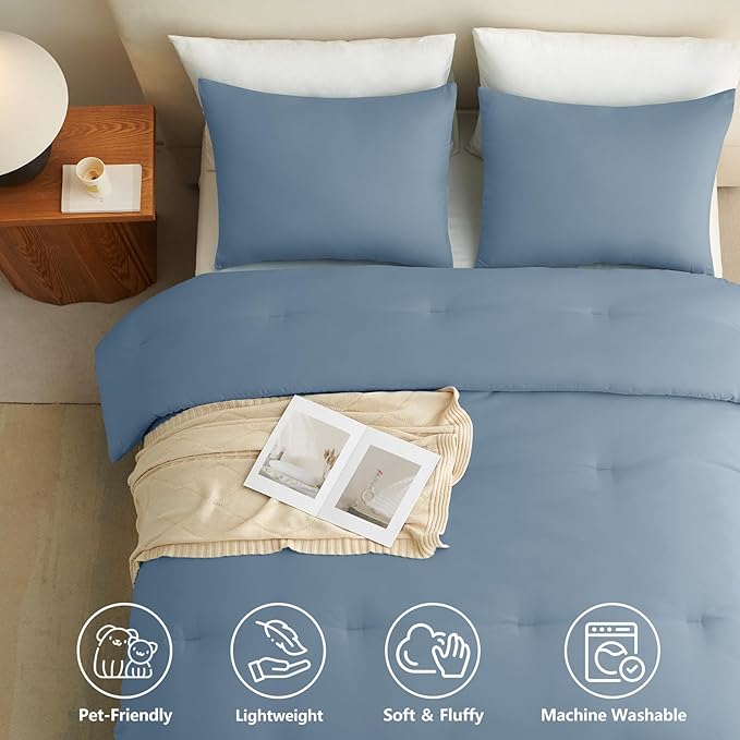 CozyLux Oversized Queen Comforter Set Grayish Blue, 3 Pieces 98"x98" Lightweight Down Alternative Quilted Bedding Sets, Dusty Blue All Season Solid Comforter with 2 Pillowcases, Bed Set Gift for Home