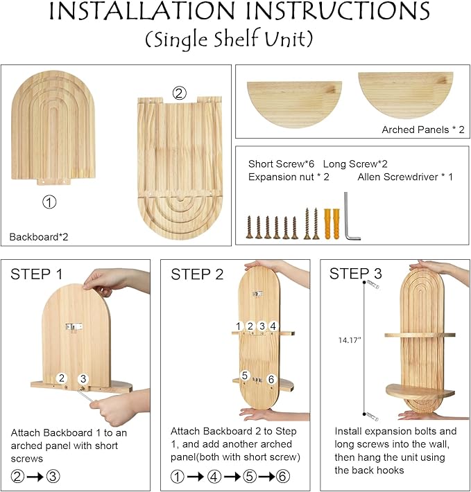 Boho Wall Shelves with Arched Wooden Design, Mid Century Modern Decor Plant Wall Shelf Set of 2, Double Floating Shelves for Home Living Room Bathroom Bedroom, 23.6 x 11.8 Inches (Natural)