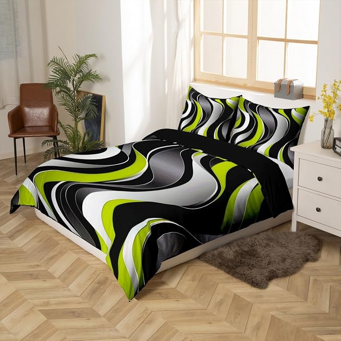 Erosebridal Geometric Wavy Lines Duvet Cover Twin for Kids Boys Girls,Minimalist Abstract Art Comforter Cover,Modern Aesthetic Bedding Set,Olive Grey Black Bed Set with 1 Pillowcase Bedroom Decor