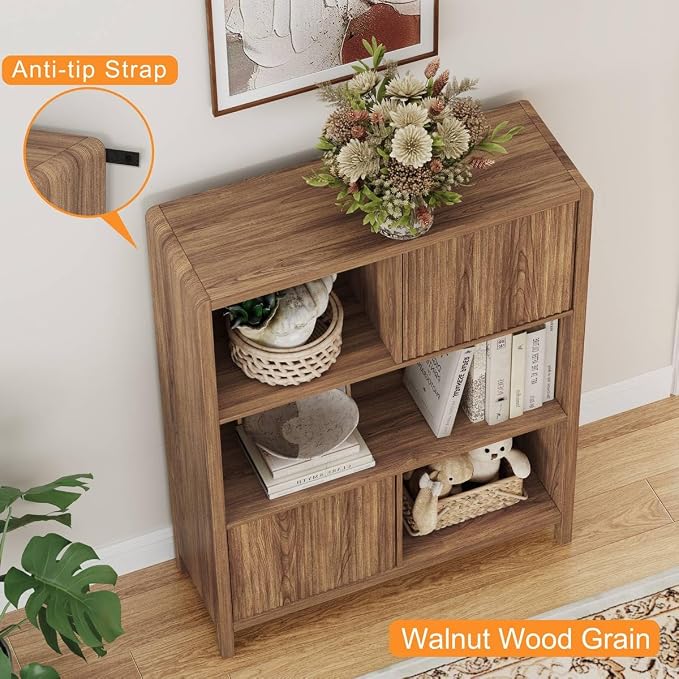 FATORRI Bookshelf with Storage, 5 Cube Bookcase with Doors, Farmhouse Wood Cube Storage Organizer for Home Office, Bedrooom, Living Room (Walnut)