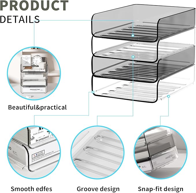 FANXIYQ 4-Tier Acrylic Paper Tray Organizer, Clear & Brown Stackable Desk Organizer for Documents, Files, A4 Paper, Mail, Books & Office Supplies, Office Classroom Home
