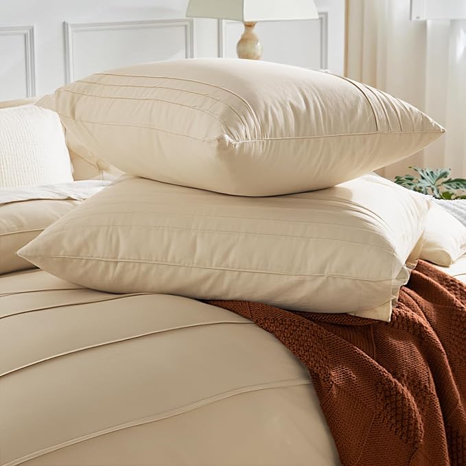 NEXHOME PRO 100% Organic Cotton Duvet Cover Full, Linen Like Pleated Textured Duvet Cover Set Yellow Tan, 3pc Bedding Set with Zipper Closure, Soft, Lightweight and Breathable(80"x90", No Comforter)