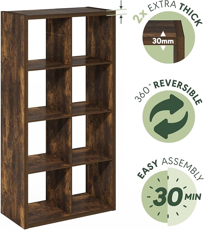 Furinno Cubicle Book Shelf, 8-Cube Bookshelf, Extra Thick Frame Horizontally & Vertically Reversible Bookcase with Open Back, 14.6" x 30" x 58", for Living Room, Bedroom, Home Office, Amber Pine