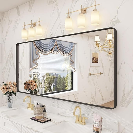 60x28 Black Framed Bathroom Mirror, Large Matte Black Bathroom Vanity Mirror for Wall, Rounded Rectangle Bathroom Mirror, Shatterproof (Horizontally/Vertically)
