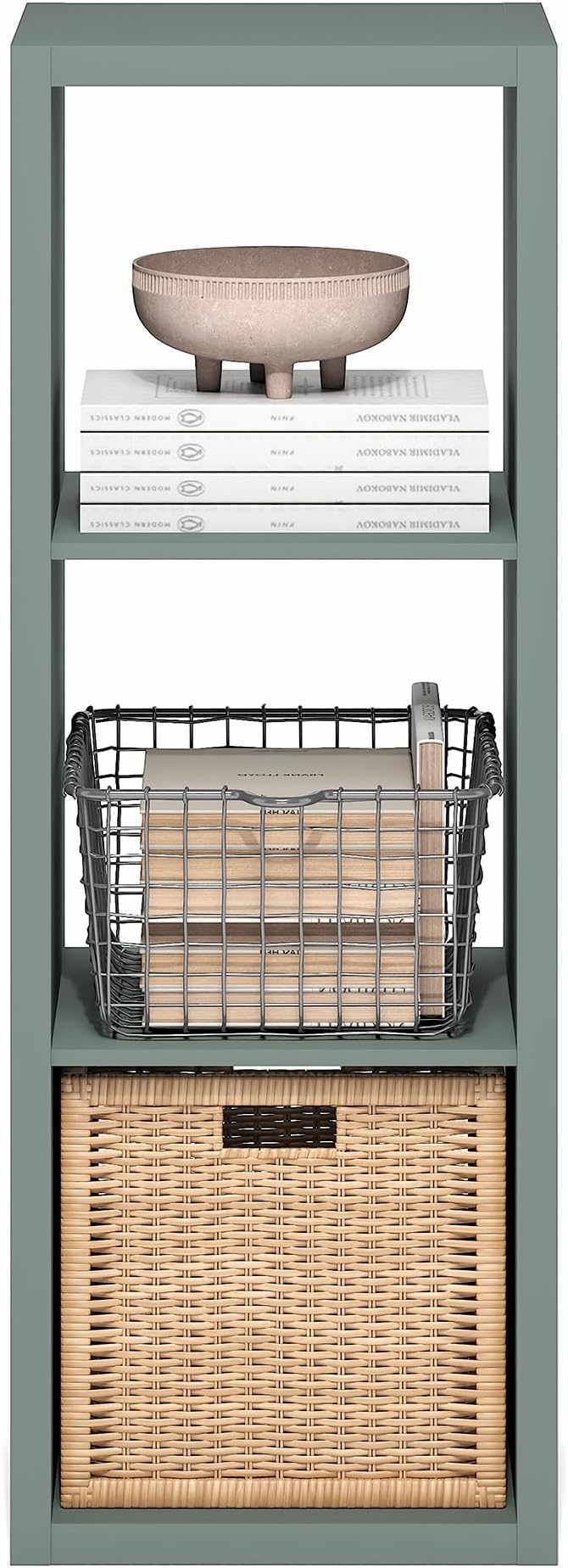 Furinno Cubicle Book Shelf, 3-Cube Bookshelf, Extra Thick Frame Horizontally & Vertically Reversible Bookcase with Open Back, 14.6" x 16" x 44", for Living Room, Bedroom, Home Office, Sage Green