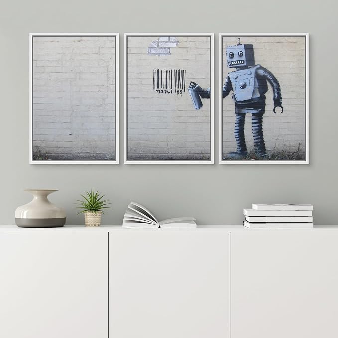wall26 - Robot Graffiti Banksy Street - Framed Canvas Art Wall Art - 16"x24"x3 White