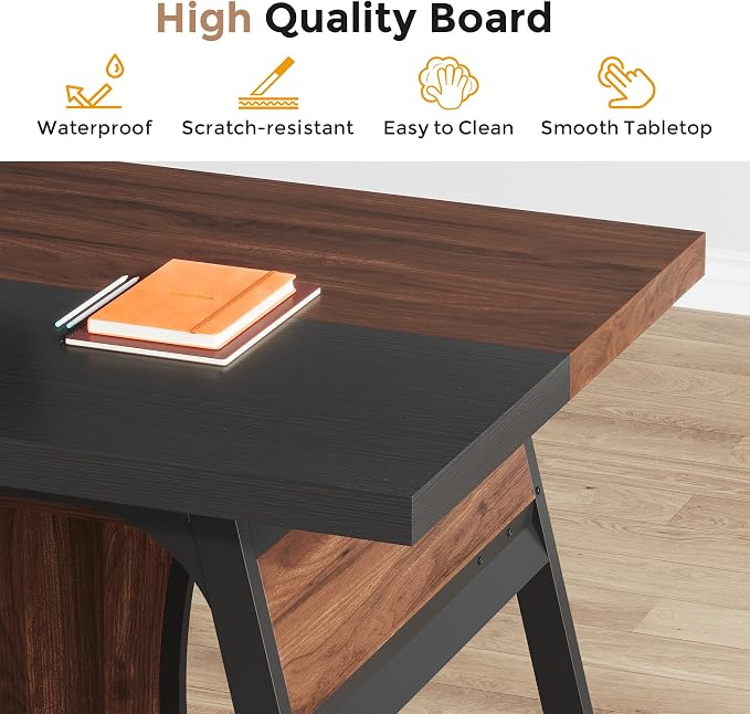 63-inch Executive Desk with Storage Shelf, Large Home Office Desk with Metal Frame & LED Light, Long Computer Desks for Home Office, Walnut and Black