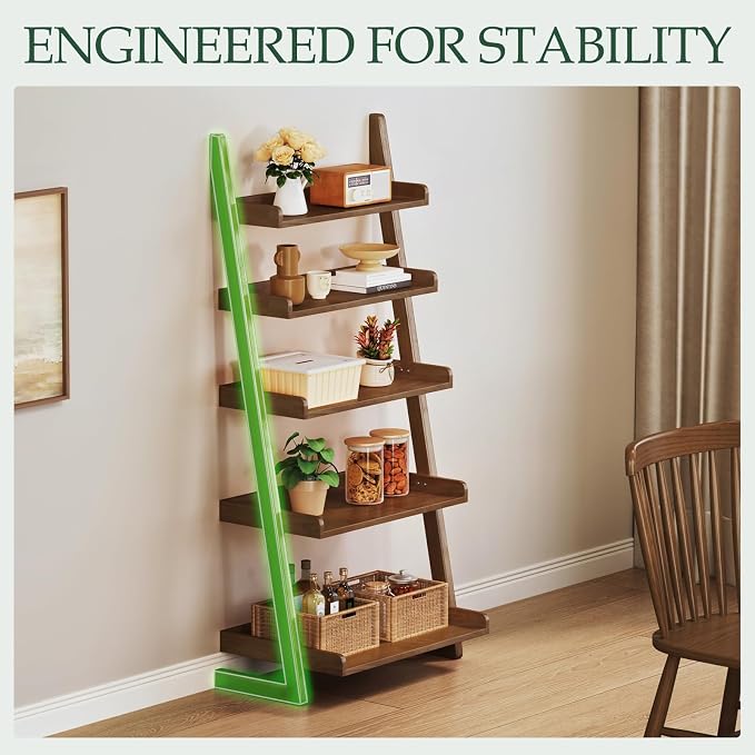 Wooden Walnut Ladder Shelf - 5-Tier Solid Wood Leaning Ladder Bookshelf Shelves Bookcase for Saving Space, 55" H Book Shelf for Living Room & Bedroom & Home Office