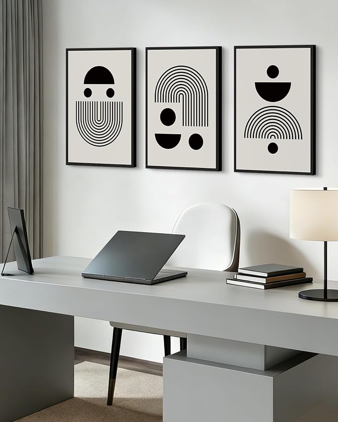 Drsoum Large 16x24in Black Abstract Framed Wall Art Decor Solid and Spiral Semi-Circles Geometric Shapes Drawings Modern Art Decorative Ready To Hang - Black Framed
