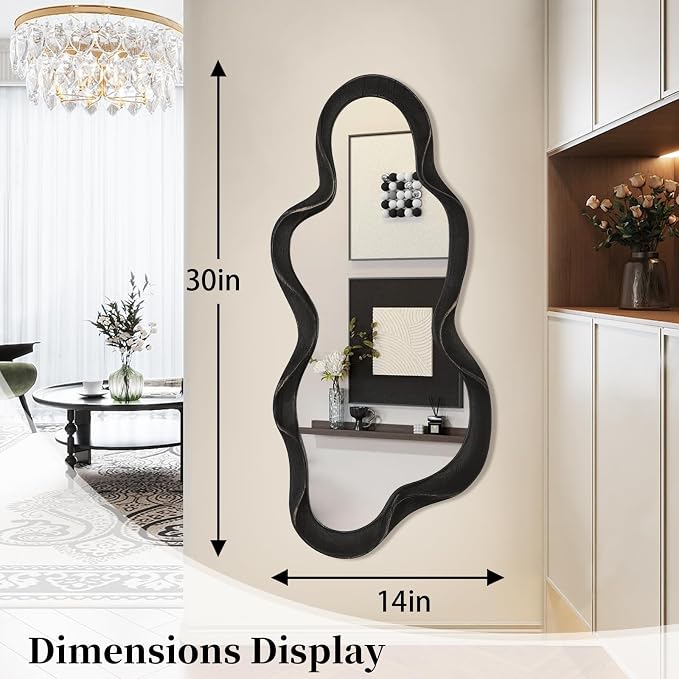 Large Asymmetrical Mirror Irregular Modern Cloud Wall Mirror Wood Frame Unique Artistic Wavy Mirror Wall Mounted Vanity Mirror Decorative for Living Room Bedroom Bathroom Entryway Hallway 30"x14"