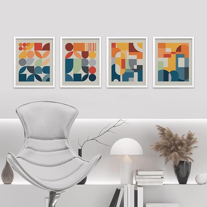 SIGNWIN Framed Mid-Century Modern Colorful Geometric Polygons Wall Art, Set of 4 Abstract Geometric Wall Decor Prints, Nature Wilderness Wall Décor for Living Room, Bedroom - 11"x14" White