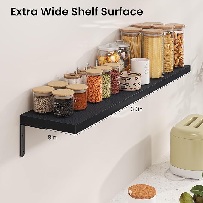 Marsmiles Extra Wide Floating Shelves for Wall, 40x8 Inch Natural Wood Grain Bookshelves, Heavy Duty Mounted Shelving for Bathroom, Kitchen, Living Room, Bedroom,Set of 2，Black