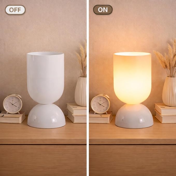 8.9" Modern Glass Table Lamp for Living Room, Dimmable Desk Lamps for Bedroom, UL Listed Nightstand Lamp with Dome Base, End Table Lamps for Home, Side Tables, College Dorm, Office, Glossy White