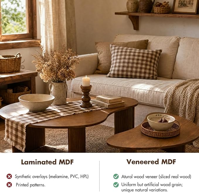 Mid Century Modern Nesting Coffee Tables Set of 2 – Walnut Ash Veneer with Fluted Solid Wood Legs, Mango-Shaped End Tables for Living Room, Farmhouse & Contemporary Style