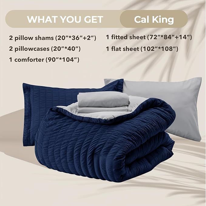 HYMOKEGE Navy Blue/Light Grey California King Comforter Set Seersucker 7 Pieces, All Season Luxury Bed in a Bag for Bedroom, Bedding Set with Comforter, Sheets, Pillowcases & Shams
