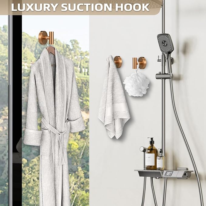 Suction Cup Hooks for Shower - Bathroom Reusable Hooks for Towels, Robes & Loofah - No-Drill Mounting on Kitchen,Walls,Metal,Glass,Mirrors,Tile & Smooth Non-Porous Surfaces (2, Champagne Bronze)