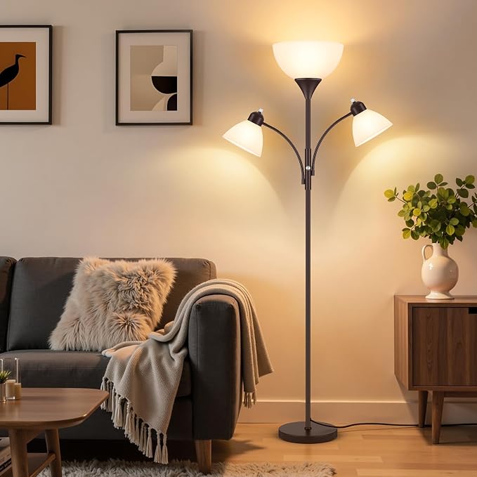Coucrek Floor Lamp for Living Room,72" Dimmable Torchiere Lamp with 2 Reading Lights for Bedroom, Brown Tall Standing Room Lamp, 3 Bulbs Included