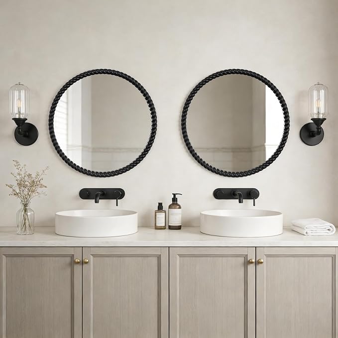 WallBeyond 30" Round Mirror with Rope-Design Frame, Large Circle Wall Mirror for Bathroom, Bedroom, Entryway & Living Room, Black