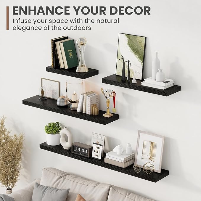 72 Inch Floating Shelves, 8 Inch Deep Floating Shelves for Wall, Hanging Shelf with Invisible Brackets, Deep Shelves for Bathroom, Bedroom, Living Room, Black, Set of 2