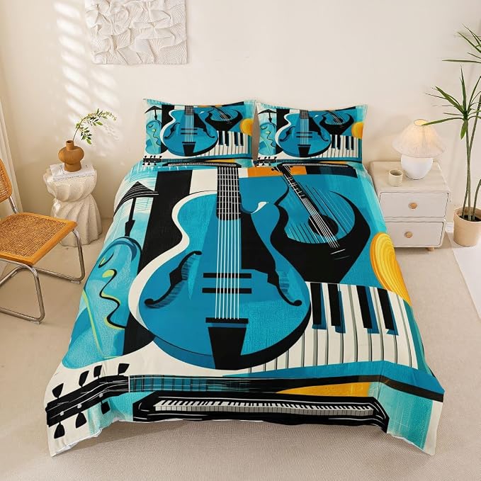 Erosebridal Retro Music Duvet Cover King for Adults - Modern Musical Instrument Bedding Set Abstract Geometric Square Comforter Cover,Mid Century Jazz Bed Set