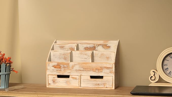 Vintage Rustic Wooden 2 Drawer with Shelf Office Desk Organizer & Mail Rack For Desktop,Box for Office Home Toiletries Supplies Vanity, No Assembly Required (J03) (Rustic White)
