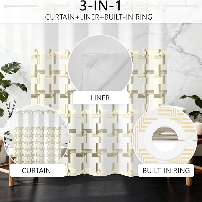 No Hook Shower Curtain with Snap in Liner, Gold Geometric Pattern, Waterproof Fabric Double Layers for Bathroom, See Through Top Window, 71x74 Inch