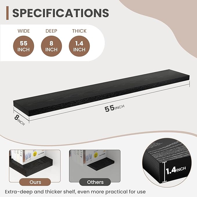 55 Inch Floating Shelves, 8 Inch Deep Floating Shelves for Wall, Hanging Shelf with Invisible Brackets, Deep Shelves for Bathroom, Bedroom, Living Room, Black, Set of 1