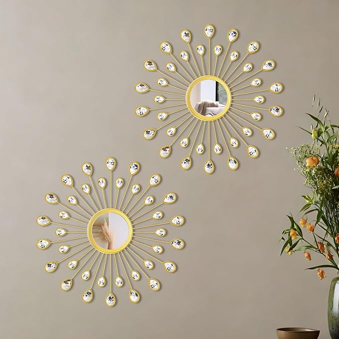 2 Pack Metal Mirrors for Wall Boho Sunburst Wall Mirror Home Decor Modern Decorative Wall Art for Bedroom Living Room Entryway