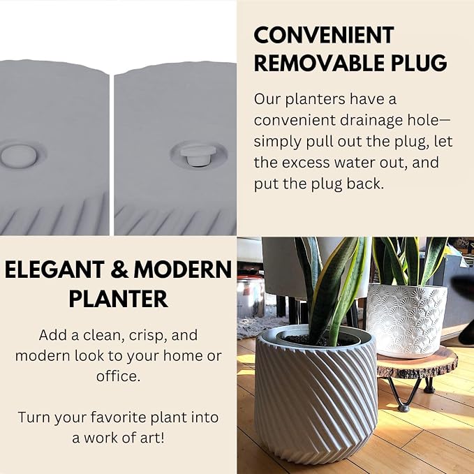 Fox & Fern Large Indoor Planter, Modern Large Plant Pot for Indoor or Outdoor, UV and Frost Resistant - 12 Inch, Polystone, Matte Gray Flower Pot with Drainage Plug, 3D Printed Design
