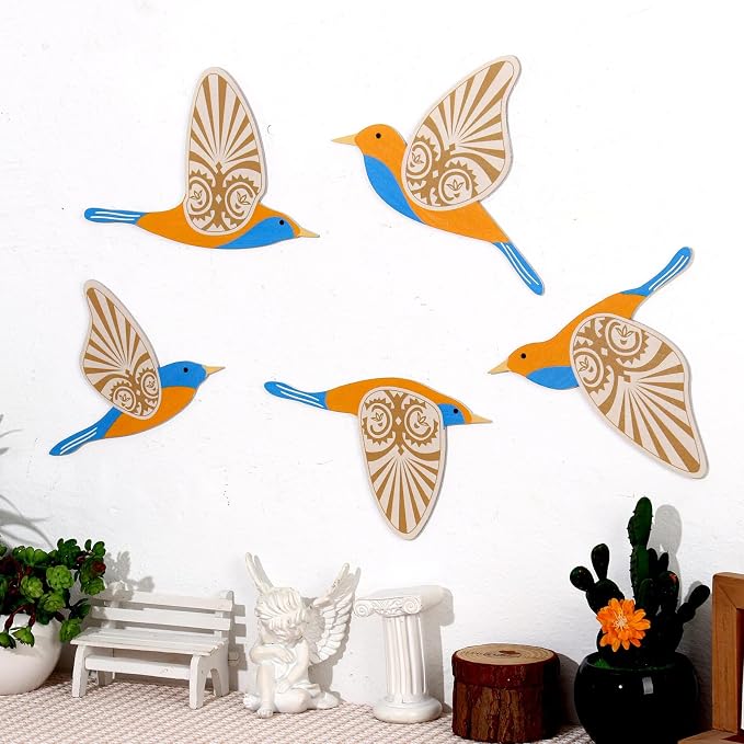 KOYILTD 5 Piece Bird Wood Wall Sculptures Wooden Wall Art Decor Scandinavian Home Decorations Flying Bird Wall Decor Farmhouse Wall Art for Home Living Room Bathroom Dining Room (Blue orange)