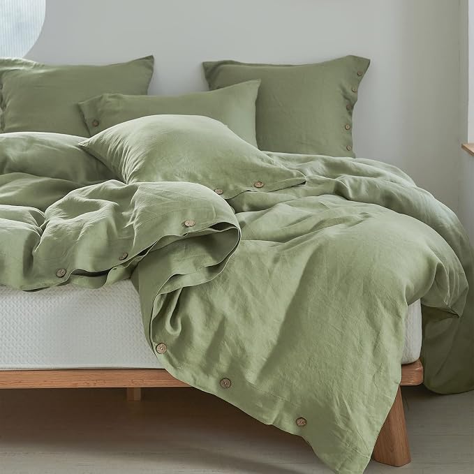 Simple&Opulence 100% Linen Duvet Cover Set 3pcs with Coconut Button Closure Natural French Washed Flax Solid Color Soft Breathable Farmhouse Bedding - Sage Green, Queen Size