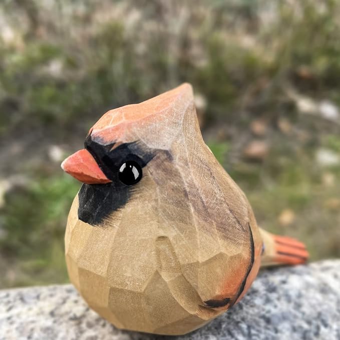 Hand Carved Painted Wooden Birds for Home Decor - Female Cardinal Statue for Bird Lovers, Housewarming, Birthday, Christmas, Anniversaries