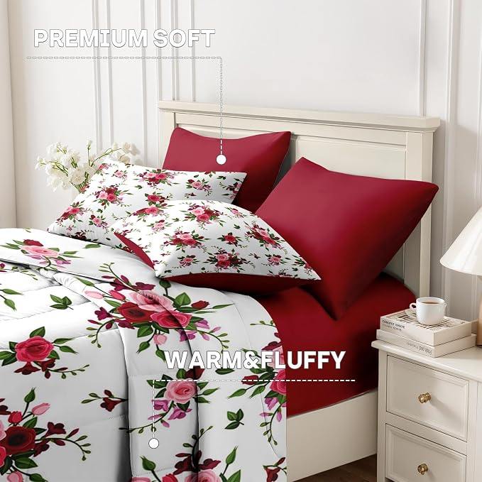 Nesker 5 Pcs Comforter Set Twin Size, Rose Flower Summer Bedding Set for Kids and Adults, Pink Red Floral Modern Bed Sheet Sets with Fitted Sheet Pillowcases & Shams