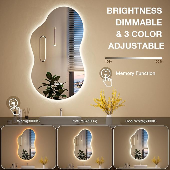 Irregular Cloud Backlit Bathroom Mirror 40x24 Inch, LED Vanity Mirror with Lights Anti-Fog, Dimmable 3 Colors, 4mm Tempered Glass, Horizontal/Vertical Wall Mount for Bathroom or Makeup Area
