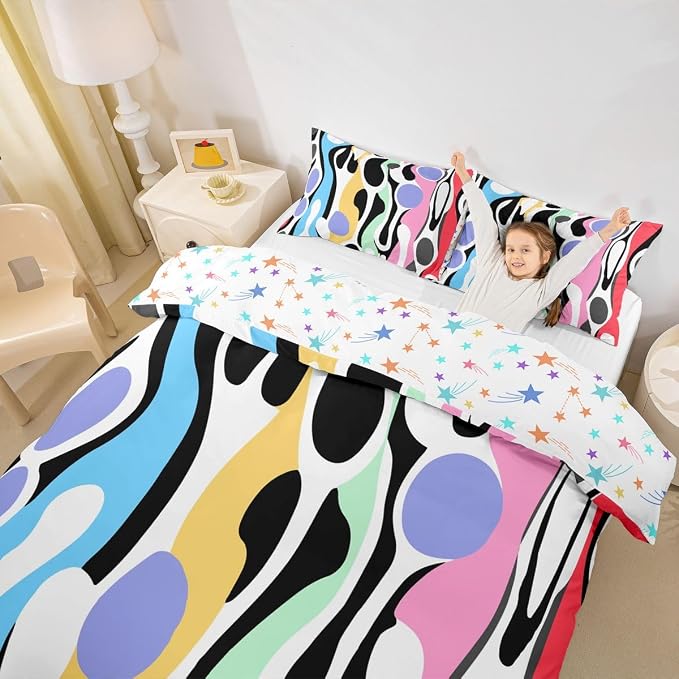 Erosebridal Organic Abstract Duvet Cover Set Modern Contemporary Queen Bedding Set for Child Boys Boho Mid Century Wavy Lines Comforter Cover Retro Geometric Bed Sets,Rainbow Purple