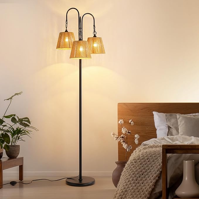 Rattan Floor Lamp, 68in. Boho Floor Lamps with Natural Shade, 3-Light Tree Lamp for Coastal, Beach or Bohemian Style Decor, E26 Socket, On/Off Footswitch Lamp for Living room, Bedroom (Bohemian-Black)