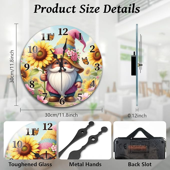 peacoblue Wall Clocks Battery Operated 12 Inch Flowers and Gnome Glass Round Wall Clock Non Ticking for Kitchen Living Room Dining Room Bedroom and Bathroom Decor Accessories (Battery not Included)