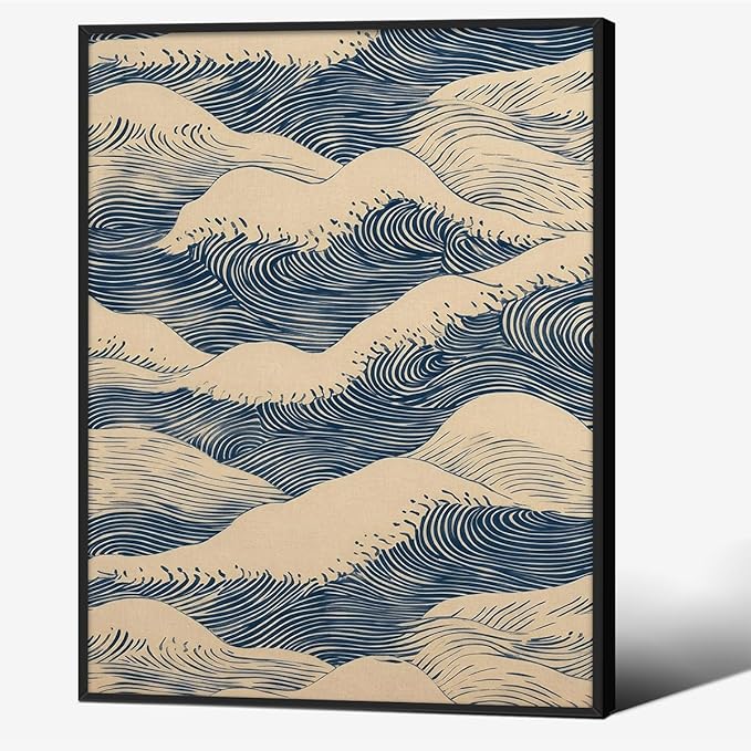 Japanese Blue Wave Canvas Poster Modern Abstract Geometric Wall Art 08x10 inch Black Framed Vintage Mid-Century Wabi Sabi Prints for Minimalist Living Room Dorm Wall Decor