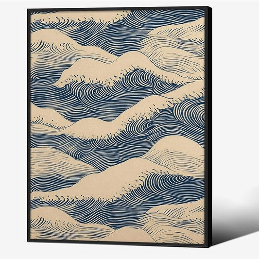 Japanese Blue Wave Canvas Poster Modern Abstract Geometric Wall Art 12X16 inch Black Framed Vintage Mid-Century Wabi Sabi Prints for Minimalist Living Room Dorm Wall Decor