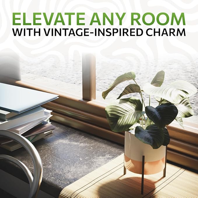 23 Bees Mid-Century Modern Ceramic Planter with Plant Stand Indoor Decorative Plant Pot with Stand in Earthy Beige and White Glaze, Black Metal Stand (Large 16 inch plant pot, Three sizes) (Small)