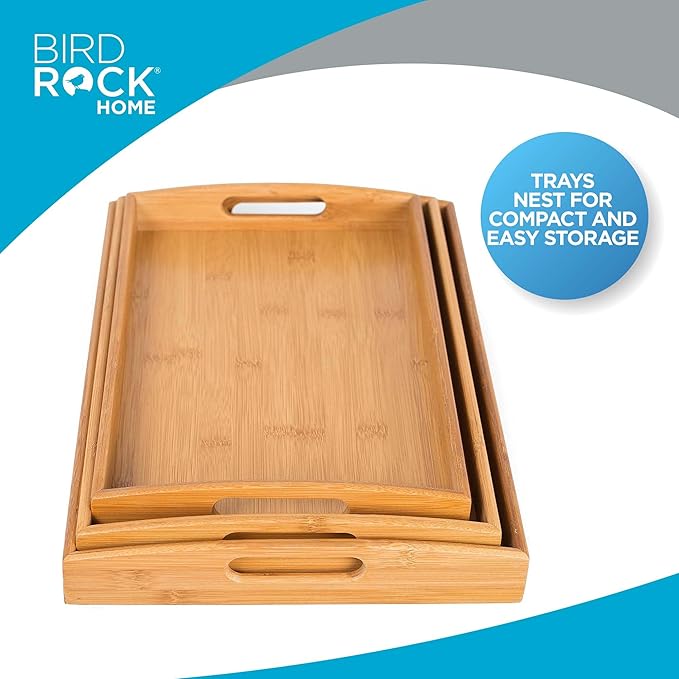 BirdRock Home 3 pc Breakfast Bed Tray (Rounded) - Bamboo - Cut Out Handles - Set of 3 - Bamboo - Nesting
