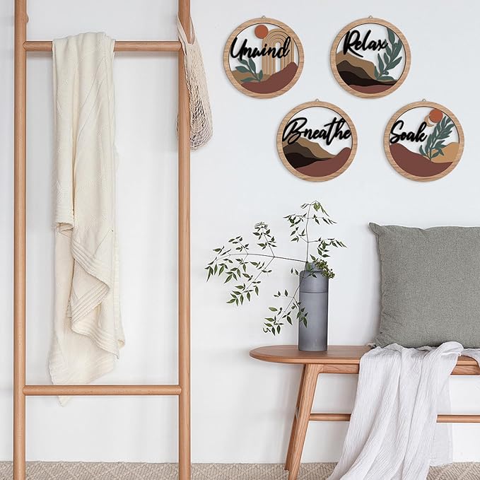 HPNIUB 4 Pcs Boho Bathroom Wall Decor with Relax Soak Unwind Breathe Relaxing Quotes Bohemian Wooden Hanging Wood Sign, Farmhouse Abstract Leaf Wall Art Decoration for Bedroom Living Room Office(10''x10'')
